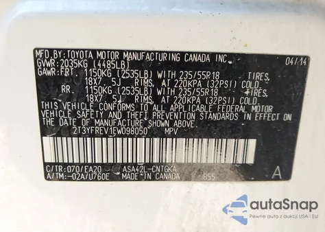 2014 Toyota Rav4 Limited z USA, uszkodzony, nr VIN 2T3YFREV1EW098050